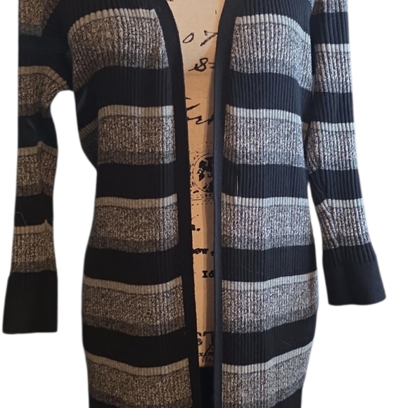 Women's Black and Gray Striped Cardigan Sweater - Picture 6 of 6